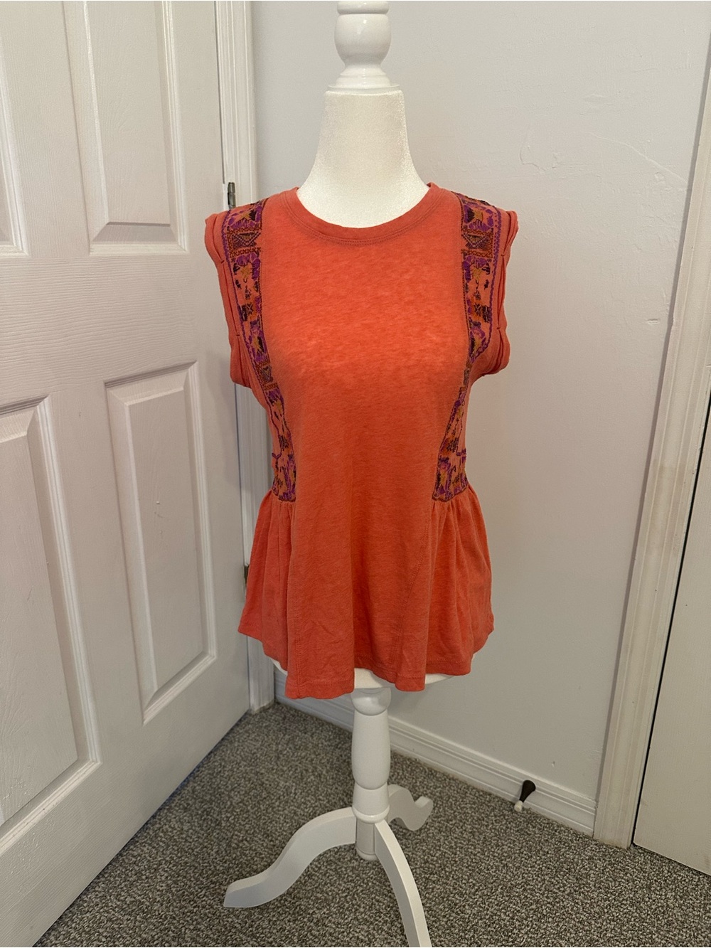 Free People Orange Embroidered Sleeveless Peplum Tank